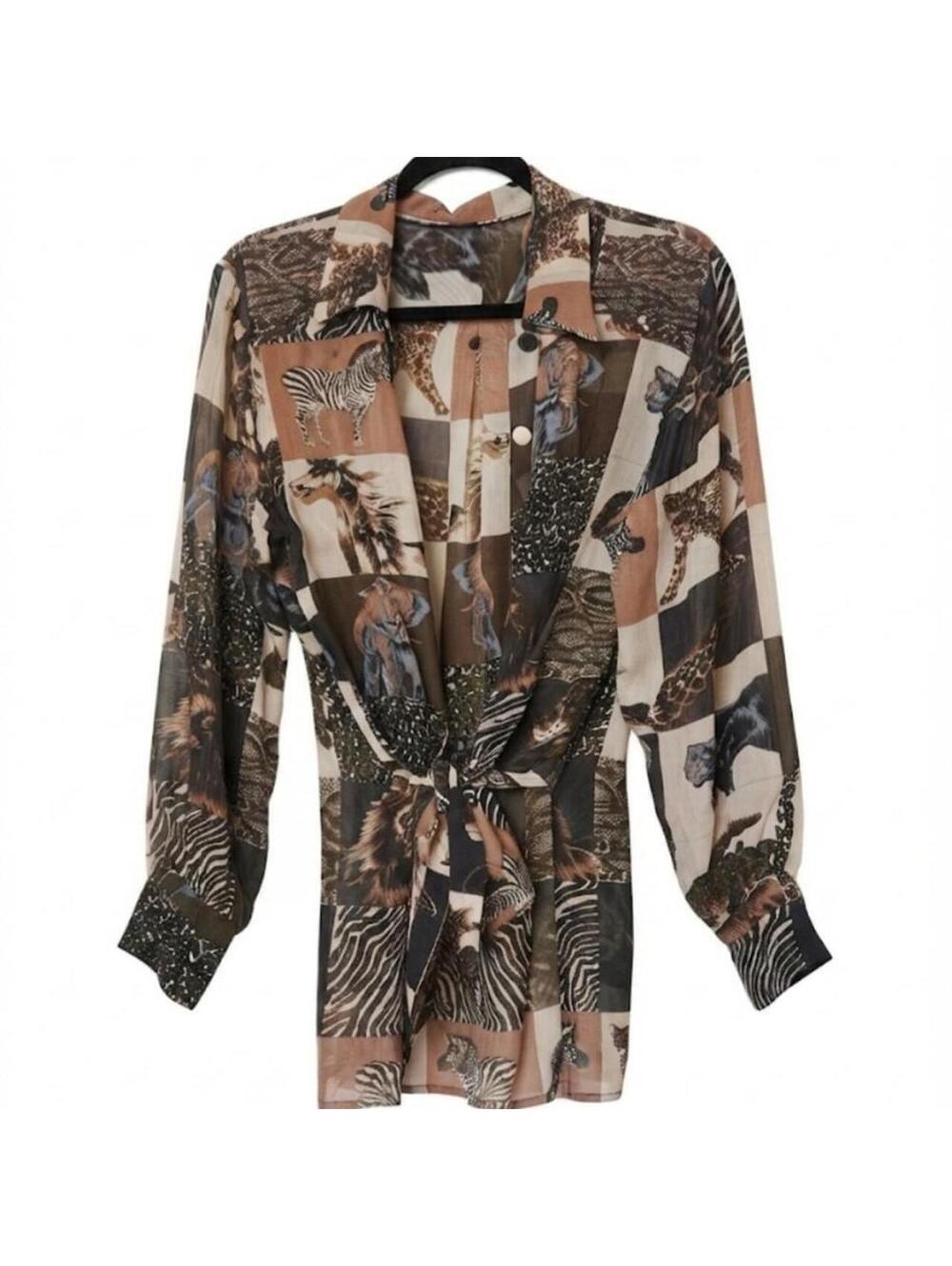 Sheer Brown and black animal print blouse with bell sleeves